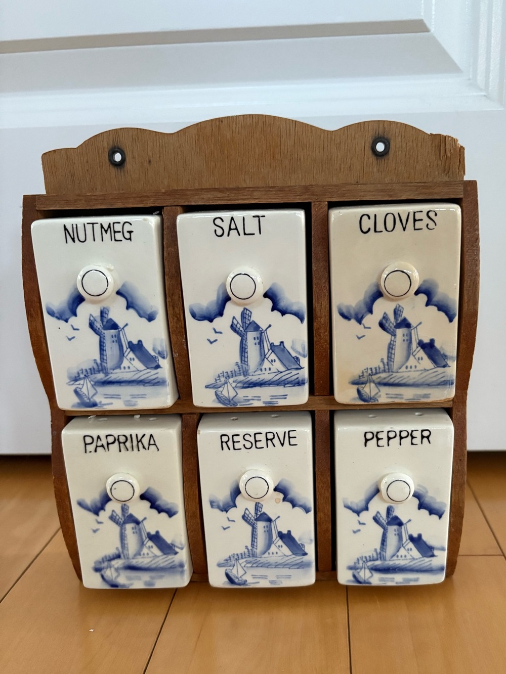 Vintage Spice Rack Wooden Made in Japan 6 Porcelain Jars Cottagecore Delftware